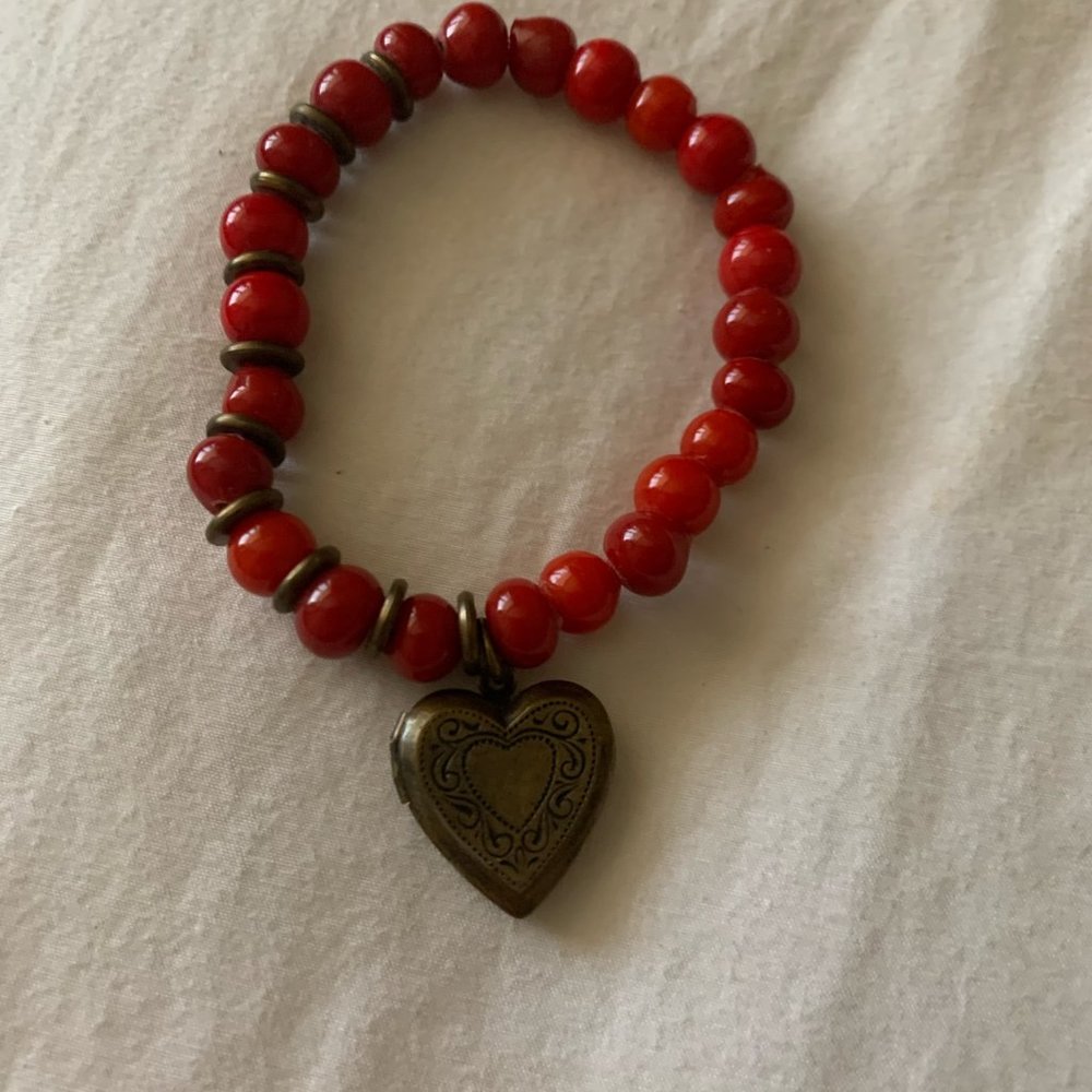Red Beaded Bracelet with Engraved Heart Locket